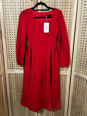 Zesica Red Long-Sleeve Square-Neck Midi Dress